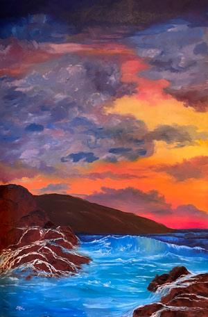 Painting of clouds at sunset over a wave crashing on rocks.