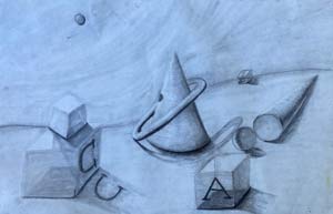 Black and white pencil drawing of 3-D blocks and other shapes with letters
