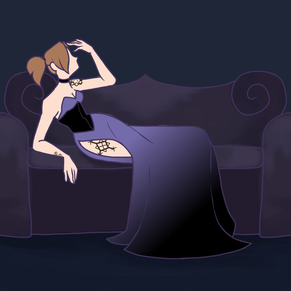 drawing of a lady in a fancy black and purple dress