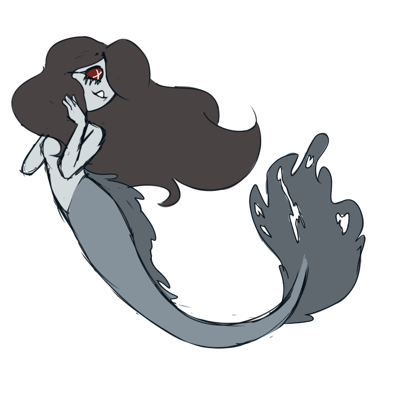 a grey mermaid with tattered fins smiles over her shoulder
