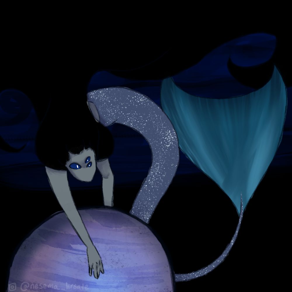 a large mermaid holding a planet.