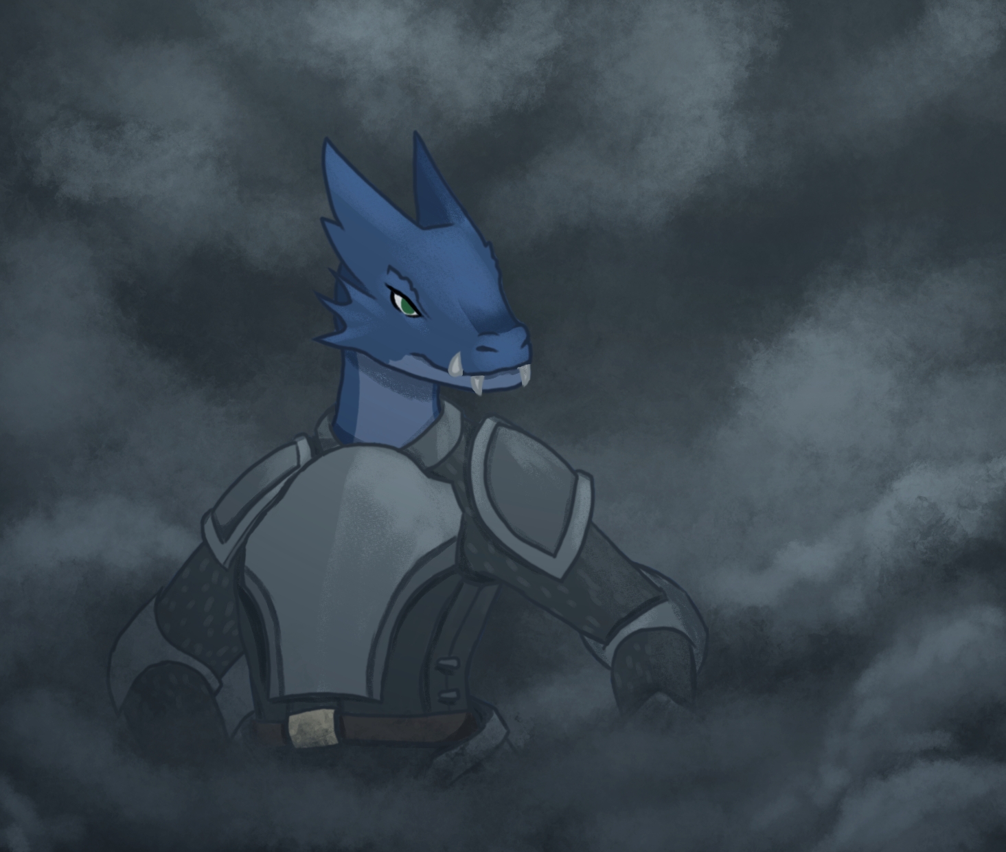 a dragon in armor standing in smoke