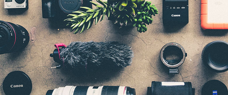 Camera equipment is set out for display with little plant.