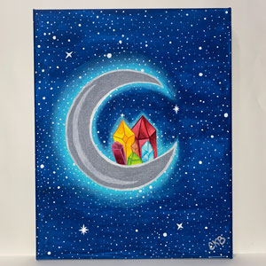 Acrylic painting of moon with crystals.