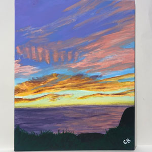 Acrylic painting of a sunset over the ocean in Mendocino.