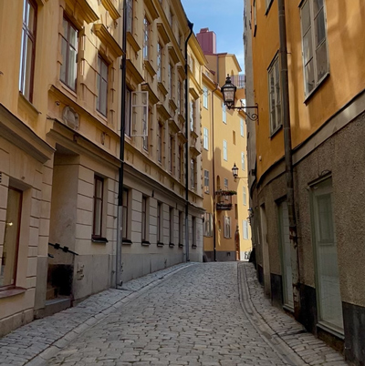 A street in Gamla Stan, a very old neighborhood in Stockholm with cobblestone