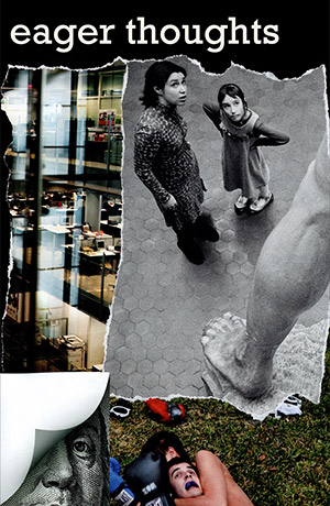 Collage of an office, a 100 dollar bill, 2 girls looking up at a statue, and two boys wrestling