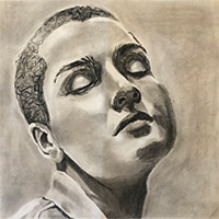 Charcoal drawing of Hanna with eyes closed looking blissful