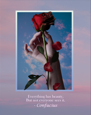 A hand holding a rose with a quote on the bottom