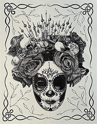 black and white drawing of a Calavera skull mask topped with flowers and crown