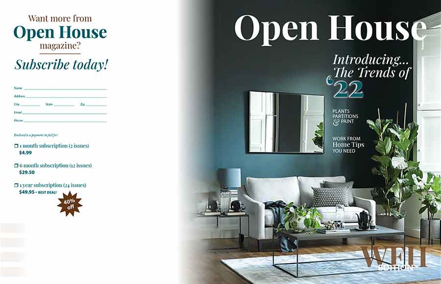 front and back page of an interior design magazine with headlines and subscription