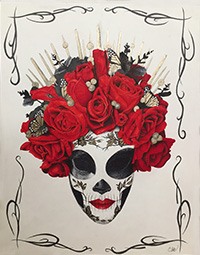 drawing of a Calavera skull mask topped with red roses
