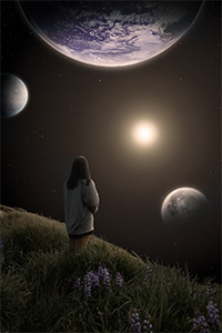 a girl standing at the edge of a field looking out at space and three planets