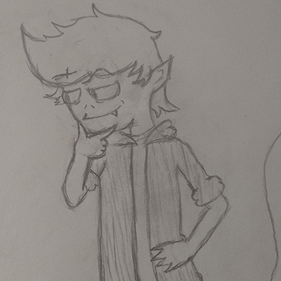 A traditional drawing of a humanoid lizard boy. He looks INQUISITIVE and SMUG.