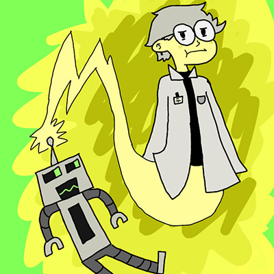 A digital drawing of a robot and an electric ghost coming out of the robot's antennae