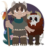full body illustration with complex animal companion and simple background