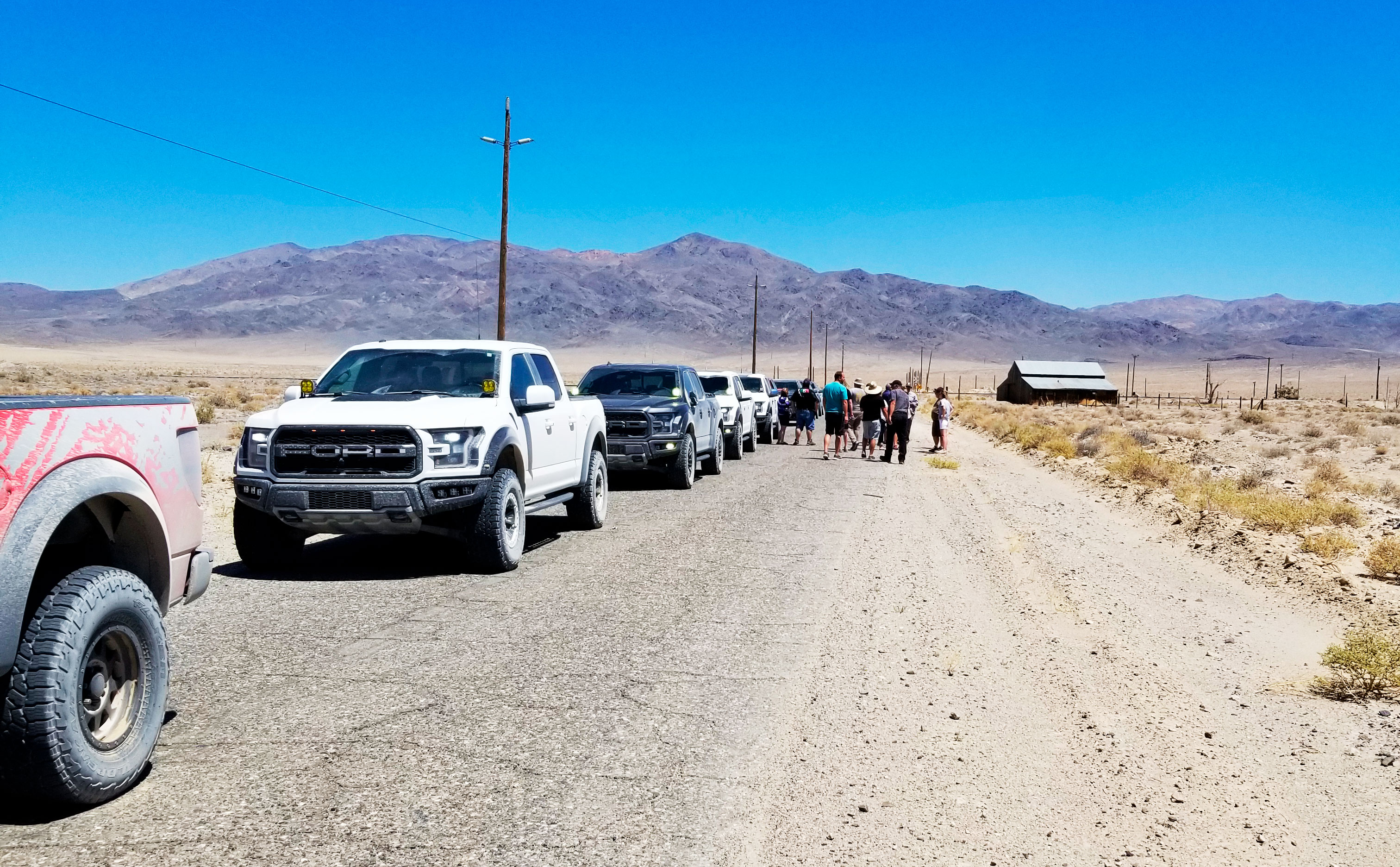 Image of multiple Ford Raptor trucks in a row, in the desert.
