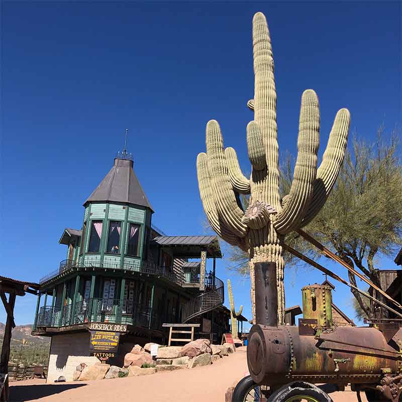 A green victorian house sits in the desert next to a saguaro cactus and an old tractor