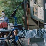 Blue Compound Bow pulled back.