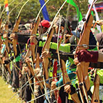 Many recurve bows pulled back.