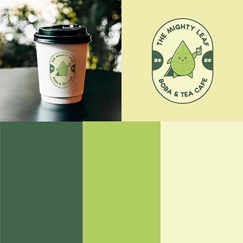 The Mighty Leaf logo design, mockup, and color scheme