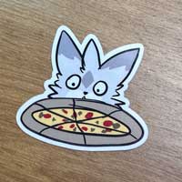 A drawing of a catroon cat looking at pizza