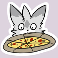 A drawing of a catroon cat looking at pizza