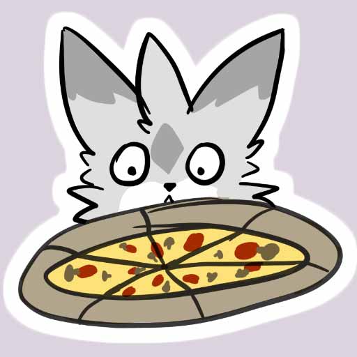 A drawing of a catroon cat looking at pizza