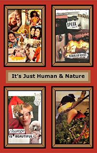 A red book cover title Its Just Human and Nautre with four framed collages