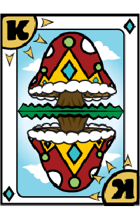 A playing card of a King with a mushroom with a crown in it