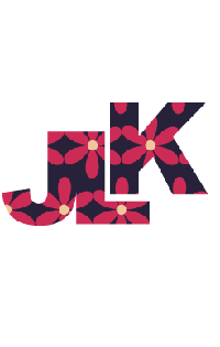 The letters J L K in a bold navy font with pink flowers
