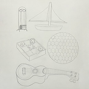 sketch of ukalalee, boat, board game and fire pokers