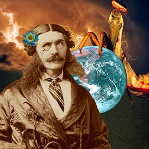man with a flower in his hair and a giant praying mantis rolling the earth behind him