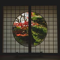A circular window facing green and red trees