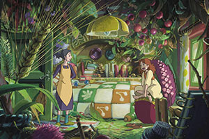 a young girl and mother in a room full of plants