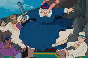 an old woman with a gun and a gang chasing after someone