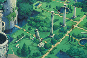 an old garden next to a castle