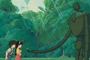 a giant robot handing a young boy and girl a flower