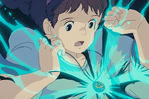 a very bright light shines from a necklace worn around a young girl's neck