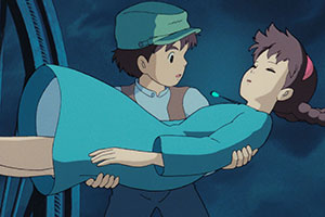 a young boy holding a young girl who had floated out of the sky