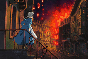 a woman looking out at explosions in city