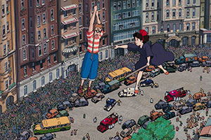 a young witch saving a young boy from hanging on a rope in the air