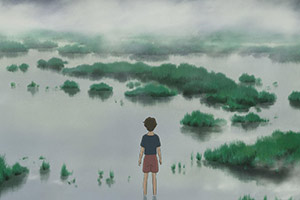 a young girl standing in a foggy marsh