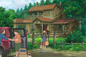 a young girl standing in front of a house carrying bags