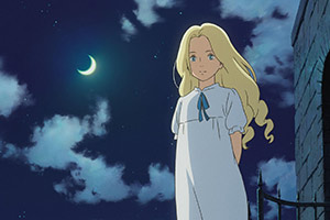 a young girl with blond hair standing in a white nightgown