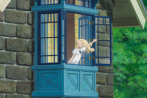 a young girl waves out of a house window