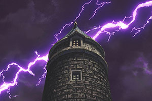 purple lightning striking a tower