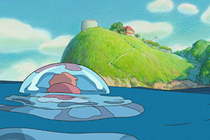 a goldfish floats inside a jellyfish on the top of the sea