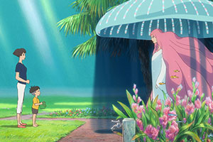 a mother and son approach a sea goddess underwater