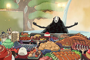 a scary spirit gorges on a mountain of food